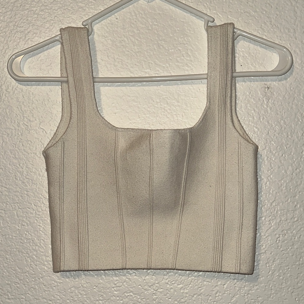 Amenah Ribbed Square-Neck Knit Corset Crop Top in Off-White